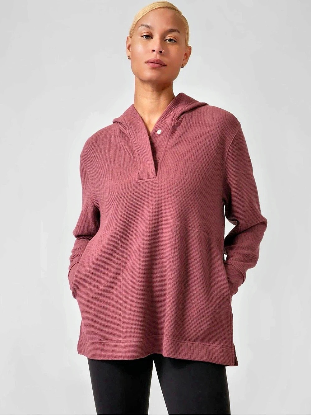 Athleta Coaster Luxe Waffle Hoodie Top Sweatshirt Tawny Rose Small